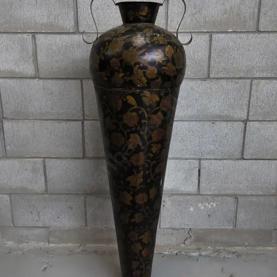 TALL CONICAL METAL FLOOR VASE WITH FLORAL PATTERN, H 1.21 M
