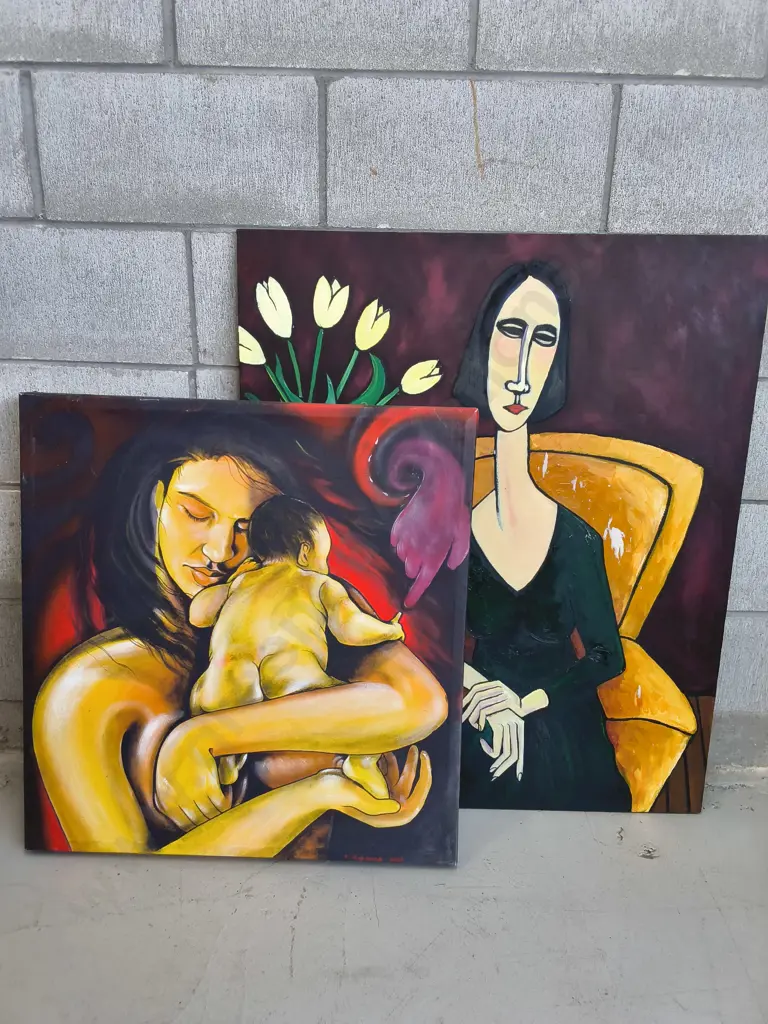 PAIR OF CANVAS PAINTINGS, TALLEST H 92 CM Image 1++