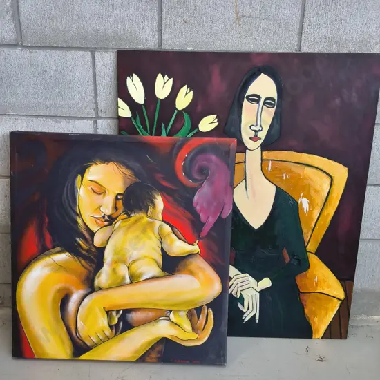 PAIR OF CANVAS PAINTINGS, TALLEST H 92 CM