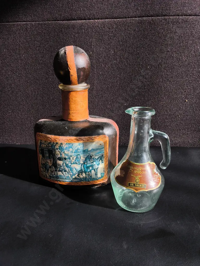 VINTAGE ITALIAN LEATHER WRAPPED GLASS DECANTER AND GLASS BOTTLE, TALLEST H 25 CM Image 1++