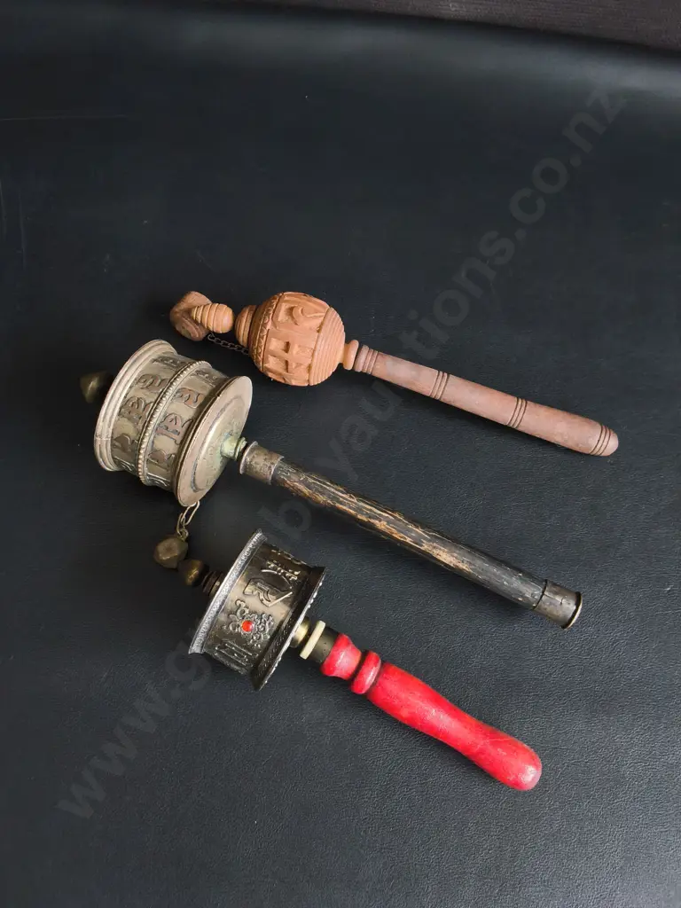 3 TRADITIONAL TIBETAN PRAYER WHEELS, LONGEST L 26 CM Image 1++