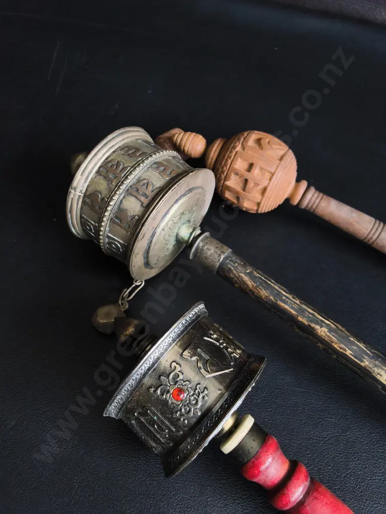 3 TRADITIONAL TIBETAN PRAYER WHEELS, LONGEST L 26 CM Image 1++