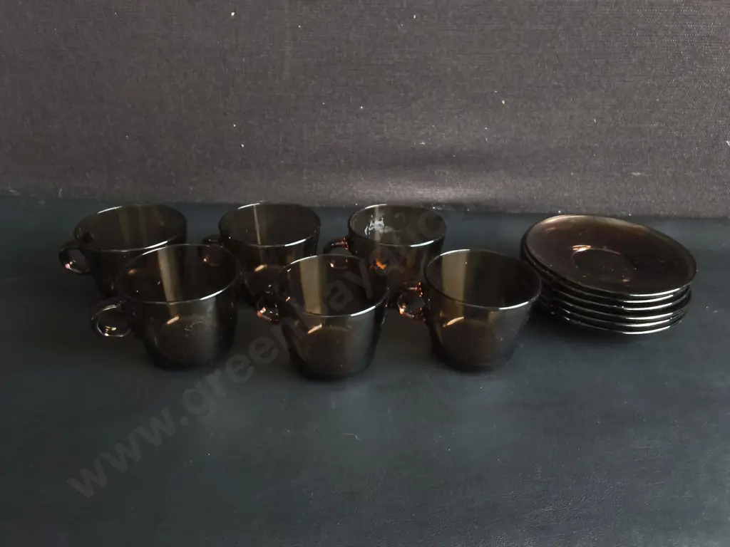 SET OF 6 VINTAGE SMOKED GLASS CUPS AND SAUCERS, VERECO Image 1++
