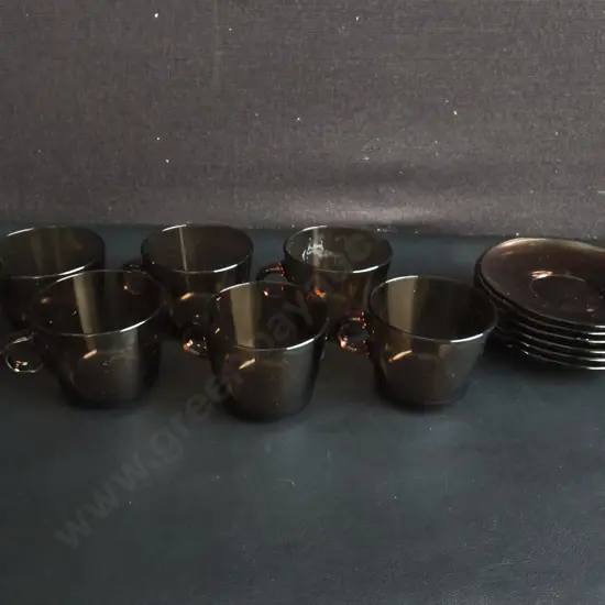 SET OF 6 VINTAGE SMOKED GLASS CUPS AND SAUCERS, VERECO