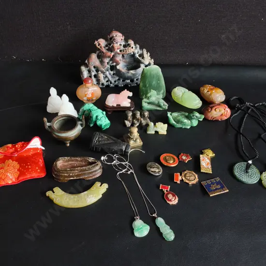 VINTAGE CHINESE JADE AND SOAPSTONE CARVINGS, BADGES, NECKLACES
