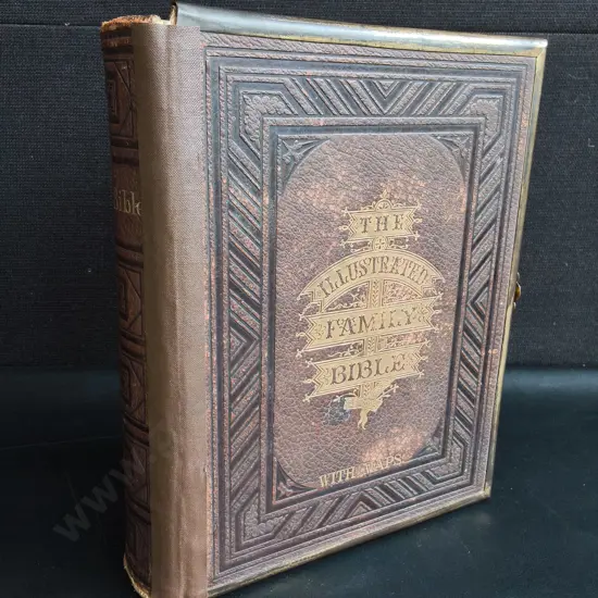 ANTIQUE LEATHER ILLUSTRATED FAMILY BIBLE WITH BRASS CLASP