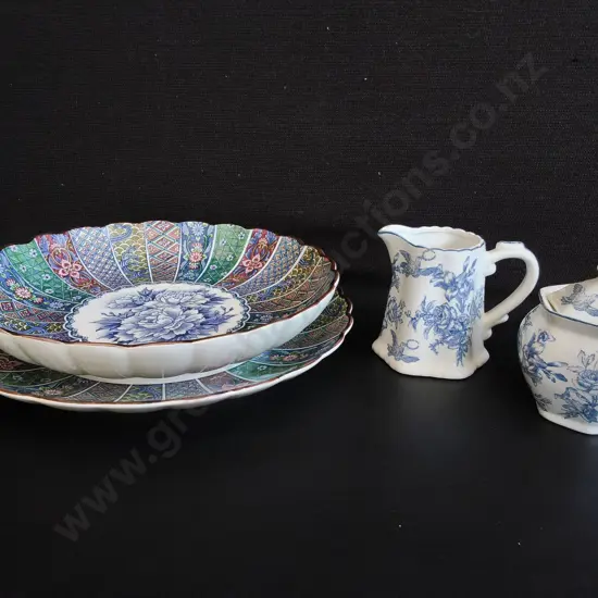 VINTAGE HIRANO KILN ARITA WARE PORCELAIN CHARGER AND SERVING PLATTER, AND CREAM PITCHER/ LIDDED SUGAR BOWL SET