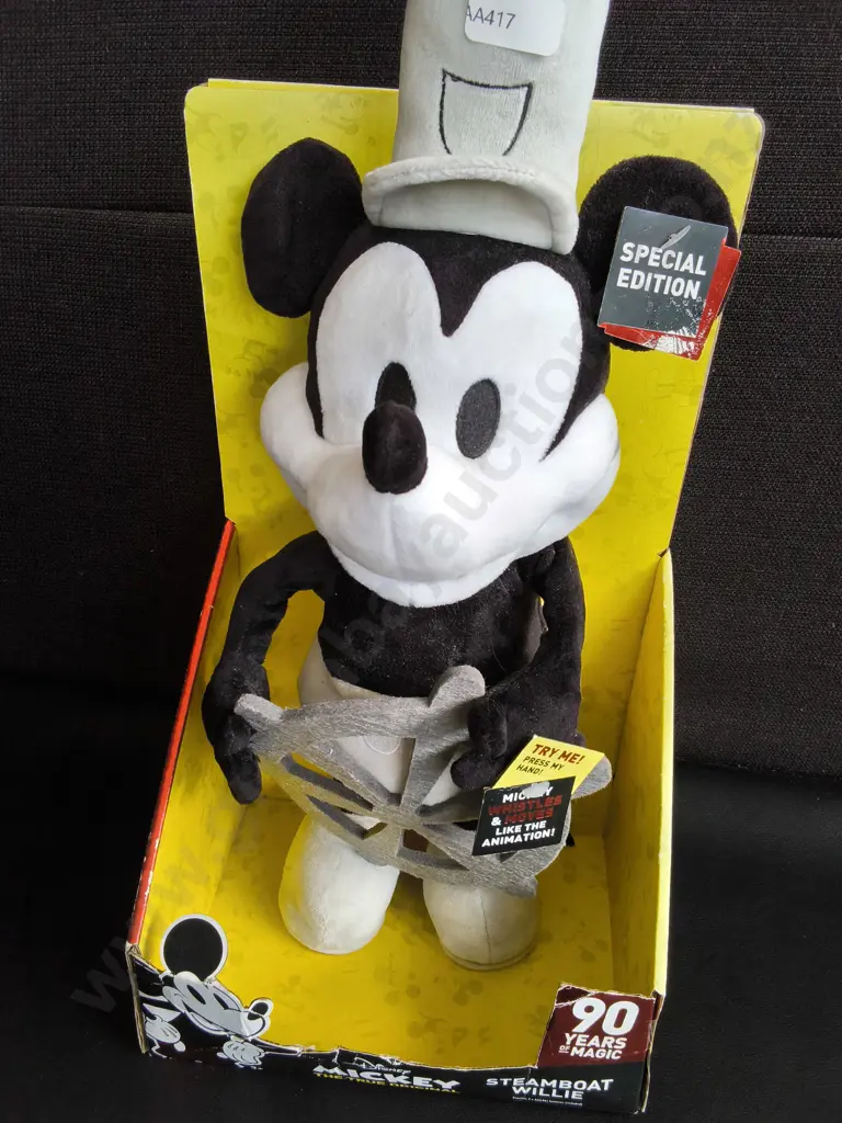 DISNEY MICKEY MOUSE 90TH ANNIVERSARY SPECIAL EDITION STEAMBOAT WILLIE ANIMATED PLUSH Image 1++
