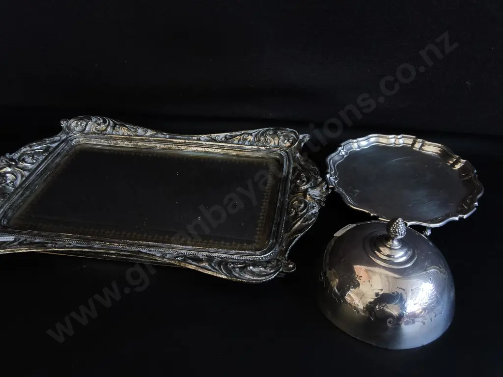 VINTAGE SILVER PLATED MIRRORED PLATEAU INKSTAND DESK TRAY AND INKWELL DOME, W 47 CM Image 1++
