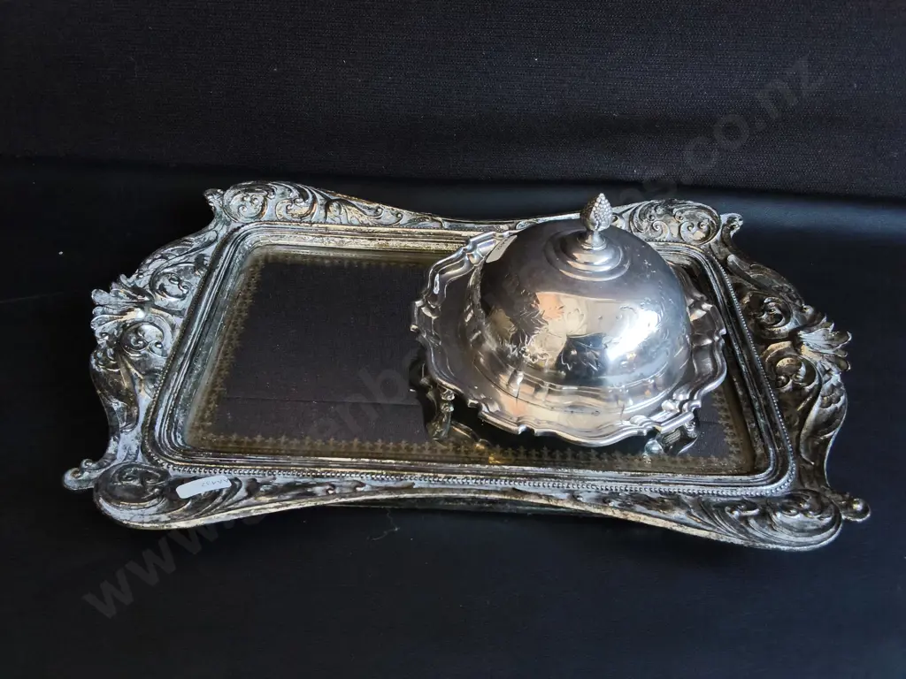 VINTAGE SILVER PLATED MIRRORED PLATEAU INKSTAND DESK TRAY AND INKWELL DOME, W 47 CM Image 1++