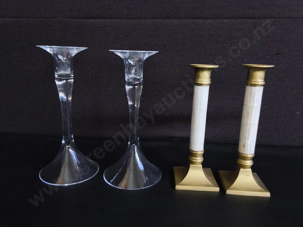 2 PAIRS OF VINTAGE DECORATIVE CANDLESTICK HOLDERS, HAND BLOWN TRUMPET GLASS, AND MOTHER OF PEARL MOSAIC, TALLEST H 23 CM Image 1++