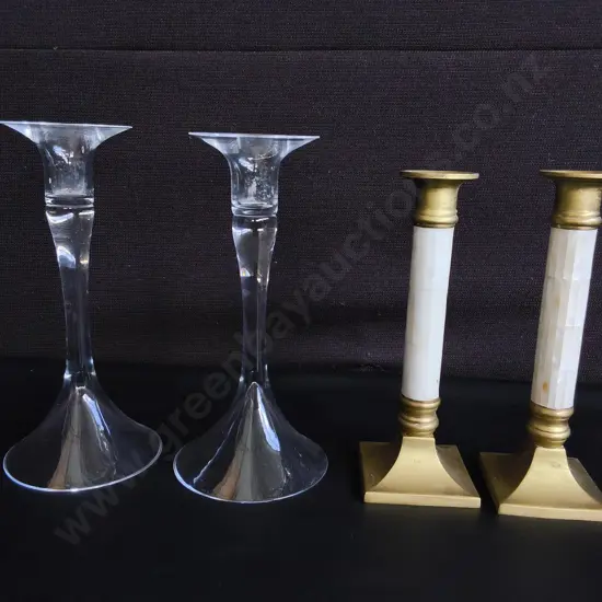 2 PAIRS OF VINTAGE DECORATIVE CANDLESTICK HOLDERS, HAND BLOWN TRUMPET GLASS, AND MOTHER OF PEARL MOSAIC, TALLEST H 23 CM