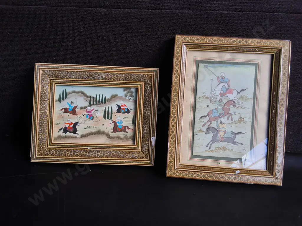 VINTAGE PAIR OF PERSIAN MINIATURE POLO PAINTINGS, FRAMED, TALLEST H 28 CM Image 1++