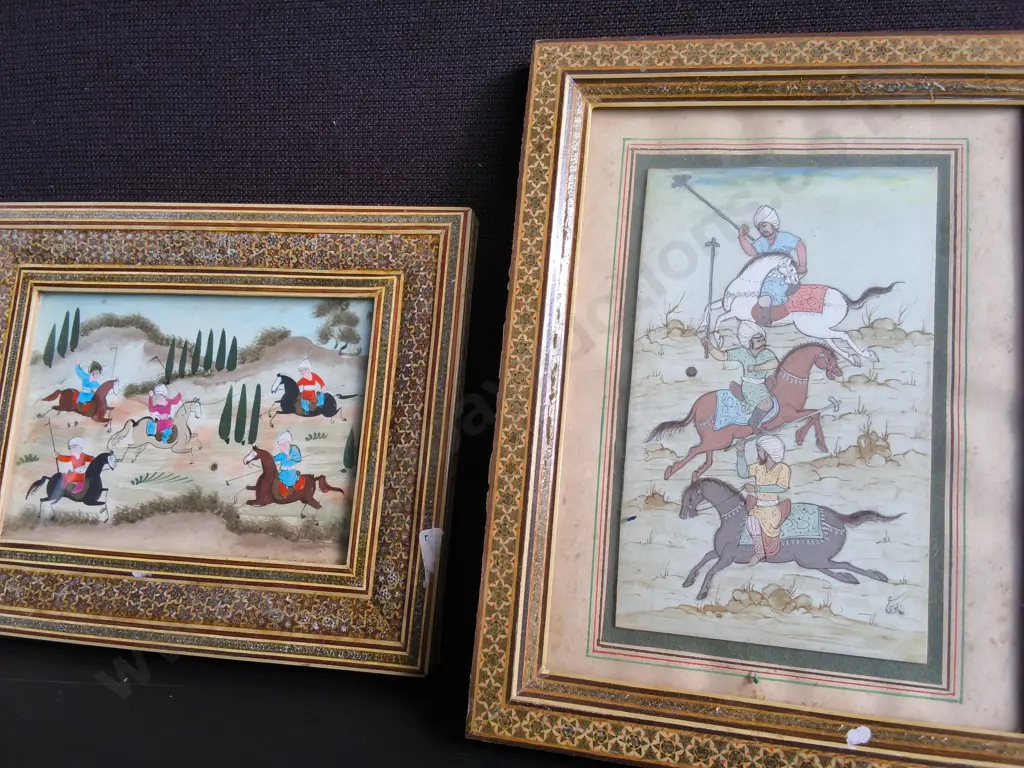 VINTAGE PAIR OF PERSIAN MINIATURE POLO PAINTINGS, FRAMED, TALLEST H 28 CM Image 1++