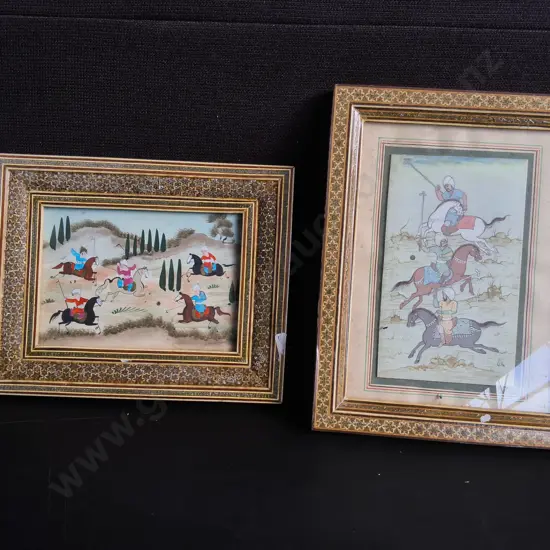 VINTAGE PAIR OF PERSIAN MINIATURE POLO PAINTINGS, FRAMED, TALLEST H 28 CM
