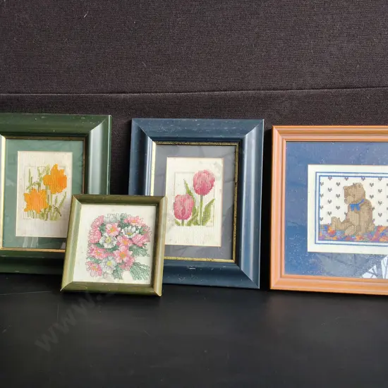 4 FRAMED CROSS STITCH AND NEEDLE POINT ART, TALLEST 27 CM