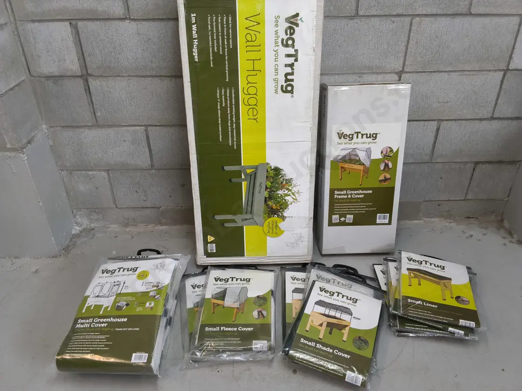 BRAND NEW WALL HUGGER, SMALL GREENHOUSE FRAME AND COVER, 5 SMALL LINERS, 3 SHADE COVERS, 2 FLEECE COVERS, 2 MULTI COVERS Image 1++