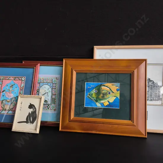 5 FRAMED ARTWORKS AND PRINTS, TALLEST H 35 CM X W 36 CM