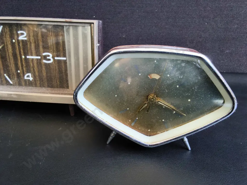 PAIR OF VINTAGE MID CENTURY MODERN ALARM CLOCKS, RHYTHM AND SPACE AGE CLOCKS, WODEST W 30 CM Image 1++