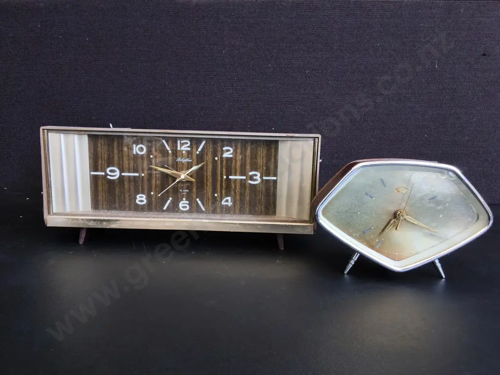 PAIR OF VINTAGE MID CENTURY MODERN ALARM CLOCKS, RHYTHM AND SPACE AGE CLOCKS, WODEST W 30 CM Image 1++