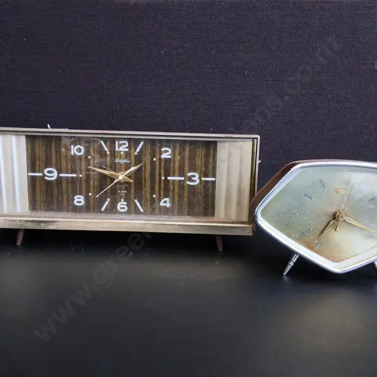 PAIR OF VINTAGE MID CENTURY MODERN ALARM CLOCKS, RHYTHM AND SPACE AGE CLOCKS, WODEST W 30 CM