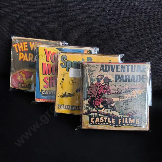 COLLECTION OF VINTAGE CASTLE FILMS HOME MOVIES, 8MM/ 16 MM SILENT FILM REELS WITH ORIGINAL BOXES, 8 TOTAL