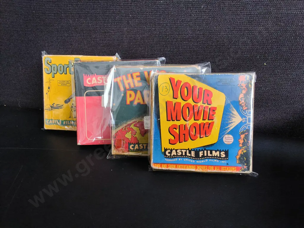 COLLECTION OF VINTAGE CASTLE FILMS HOME MOVIES, 8MM/ 16 MM SILENT FILM REELS WITH ORIGINAL BOXES, 8 TOTAL Image 1++