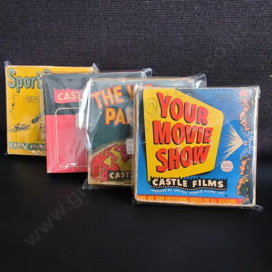 COLLECTION OF VINTAGE CASTLE FILMS HOME MOVIES, 8MM/ 16 MM SILENT FILM REELS WITH ORIGINAL BOXES, 8 TOTAL