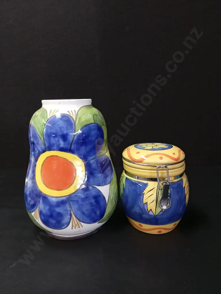 ITALIAN HAND-PAINTED VASE H28CM AND A CERAMIC JAR Image 1++