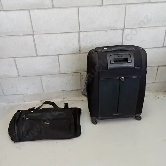 SUITCASE AND LARGE FOLD OUT BAG, APPROXIMATELY 100CM LONG WHEN OPENED