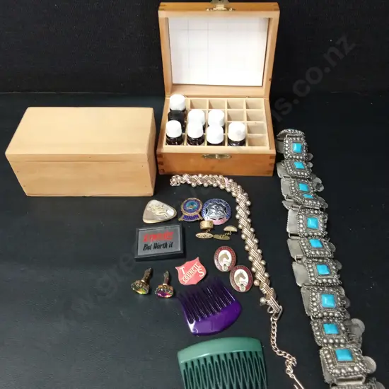2 WOODEN BOXES INCLUDING JEWELLERY AND ESSENTIAL OILS