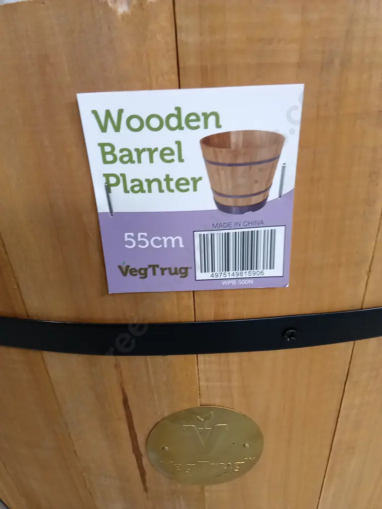BRAND NEW VEGTRUG WOODEN BARREL PLANTER, 55CM DIAMETER Image 1++