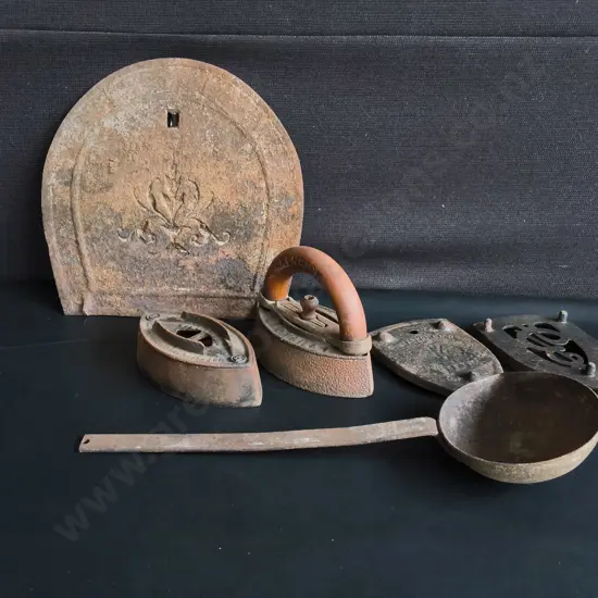 VINTAGE CAST IRON ITEMS, IRONS, DECORATIVE TRIVET, LADLE, WIDEST W 41CM