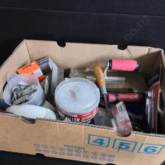 BOX OF TOOLS AND SUPPLIES