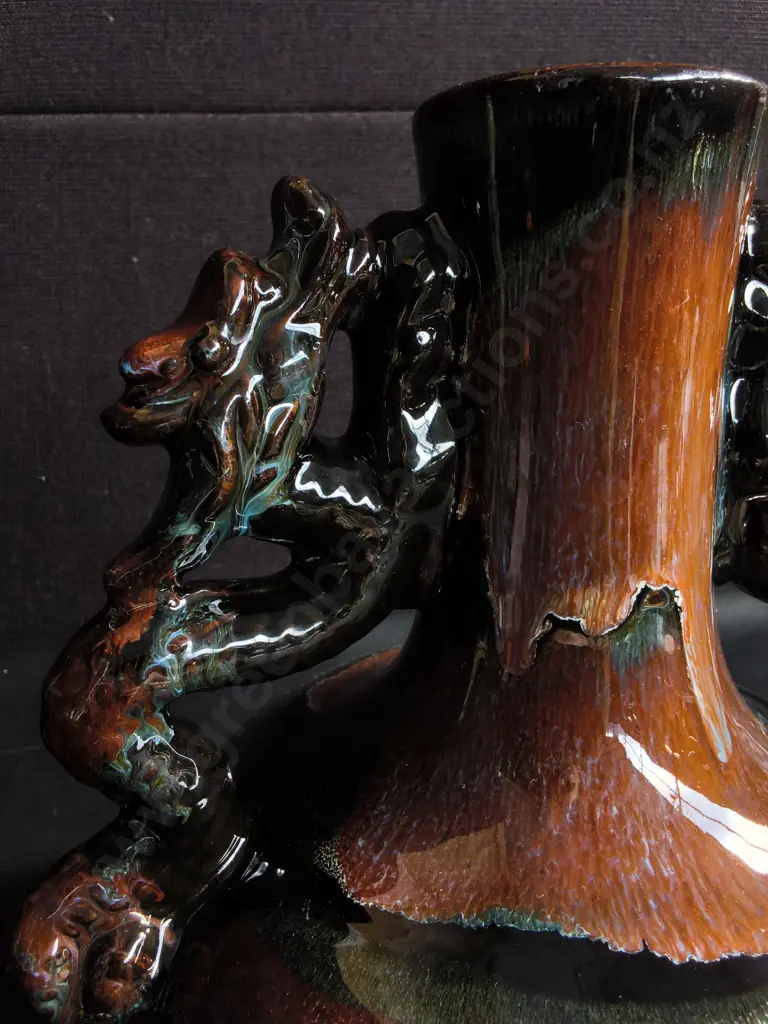 VINTAGE MID CENTURY CHINESE JIZHOU STYLE POTTERY VASE, DOUBLE CHI-DRAGON HANDLES, H 26 CM Image 1++
