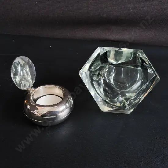 VINTAGE MURANO FACETED GLASS TRINKET BOWL, AND SILVER TEA LIGHT HOLDER, TALLEST H 8 CM