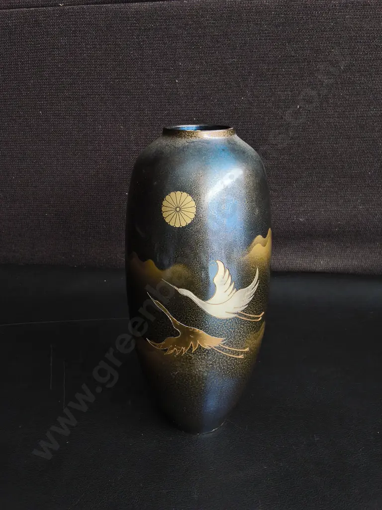 VINTAGE JAPANESE TAKAOKA BRONZE CRANE VASE BY SANO KOSAI, H 20 CM Image 1++