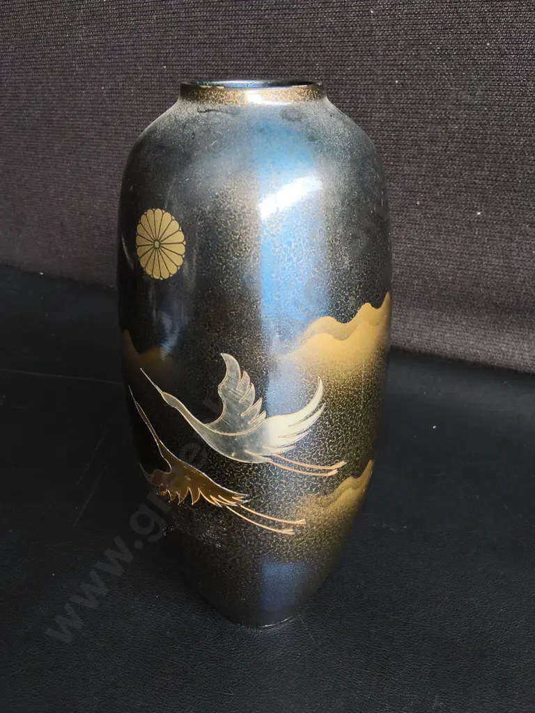 VINTAGE JAPANESE TAKAOKA BRONZE CRANE VASE BY SANO KOSAI, H 20 CM Image 1++