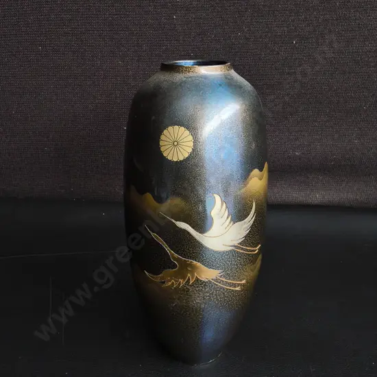 VINTAGE JAPANESE TAKAOKA BRONZE CRANE VASE BY SANO KOSAI, H 20 CM