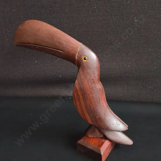 MID CENTURY CARVED MAHOGANY TOUCAN SCULPTURE, H 21 CM