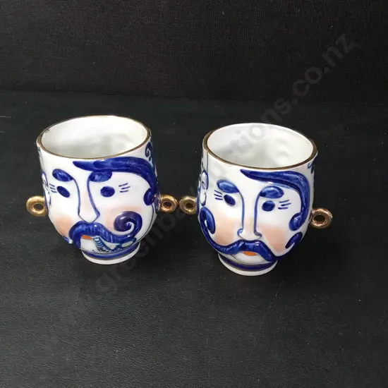 2 VINTAGE SOVIET-ERA PORCELAIN KARAS FIGURAL MUGS H8.5CM