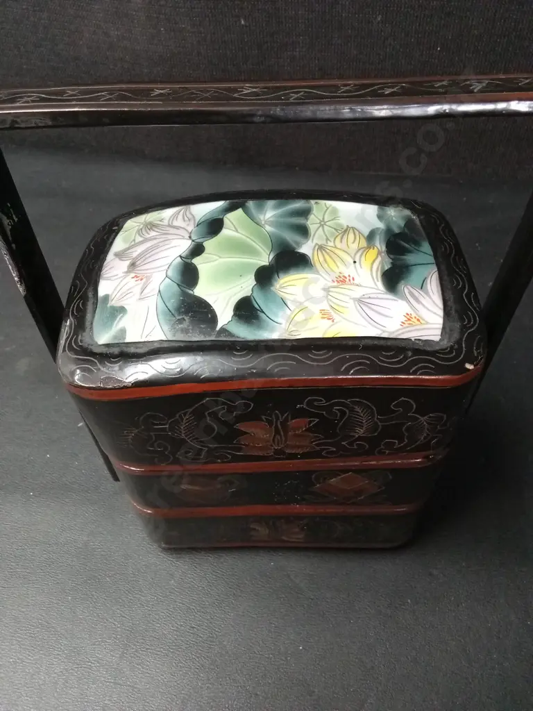 VINTAGE CHINESE BLACK LAQUER THREE-TIERED STACKING LUNCH BOX H19CM Image 1++