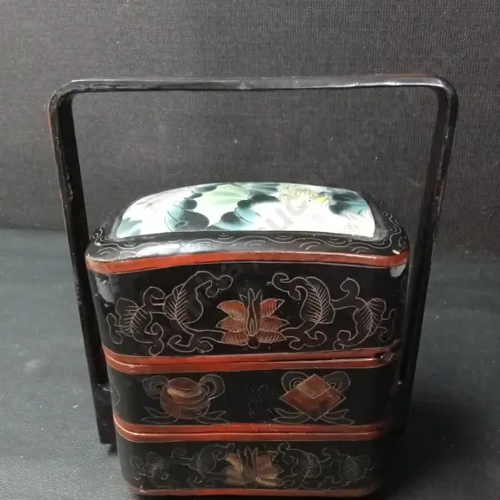 VINTAGE CHINESE BLACK LAQUER THREE-TIERED STACKING LUNCH BOX H19CM