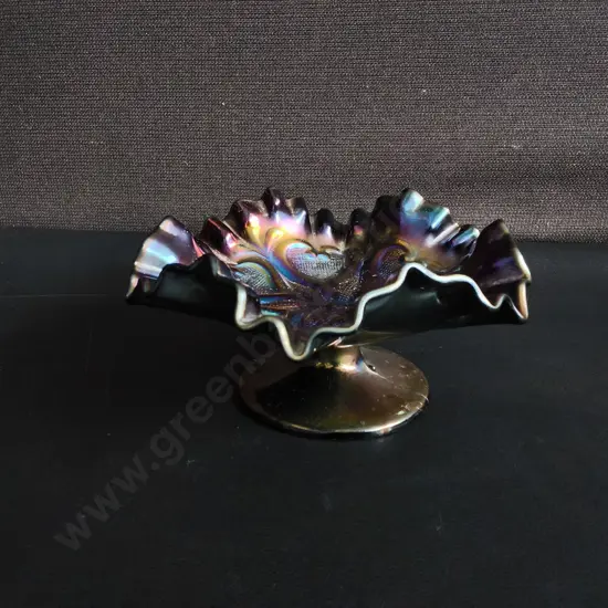 IMPERIAL GLASS SCROLL EMBOSSED AMETHYST CARNIVAL GLASS COMPOTE, H 7 CM