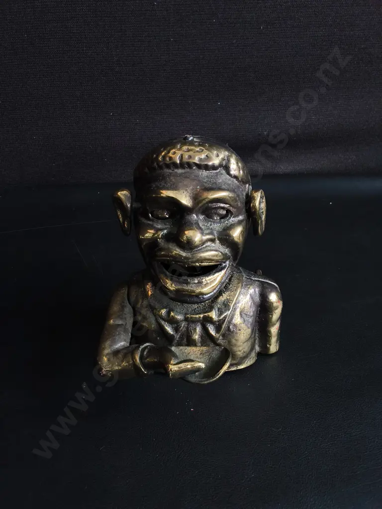 VINTAGE BRASS "JOLLY BOY" MECHANICAL COIN BANK, H 14 CM Image 1++