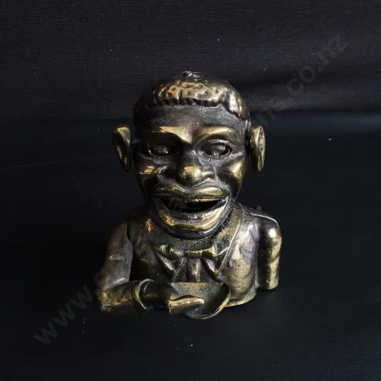 VINTAGE BRASS "JOLLY BOY" MECHANICAL COIN BANK, H 14 CM