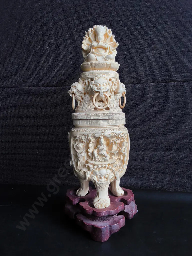 VINTAGE ORNATE CHINESE FAUX IVORY RESIN INCENSE BURNER ON WOODEN STAND, H 41 CM Image 1++