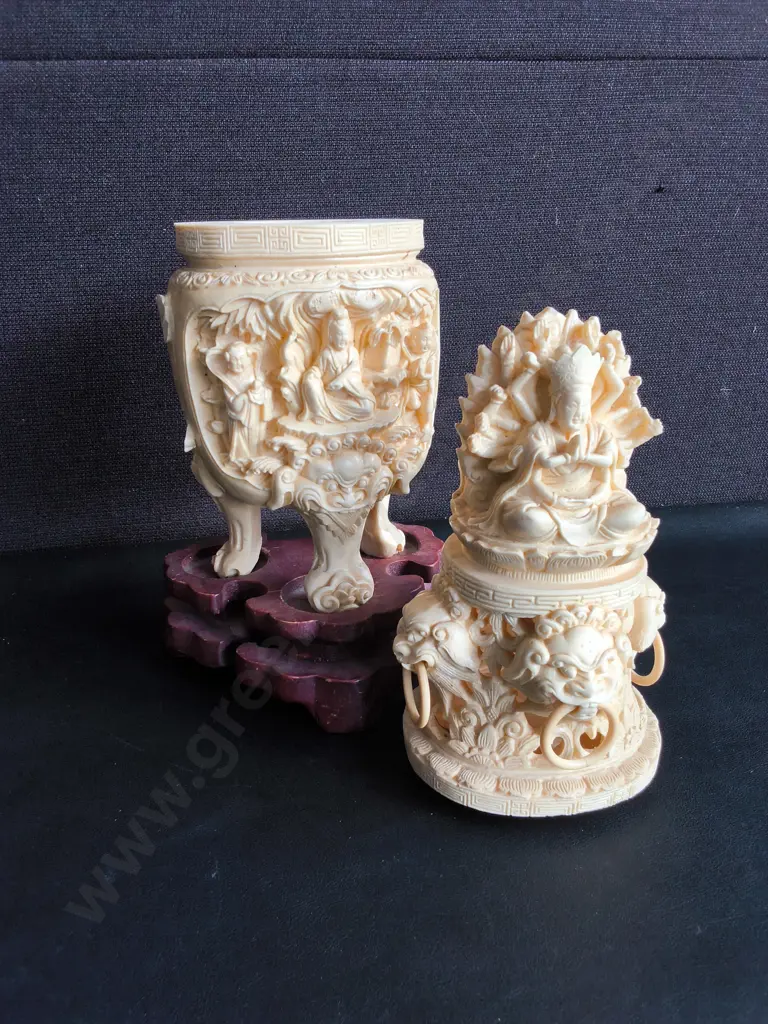VINTAGE ORNATE CHINESE FAUX IVORY RESIN INCENSE BURNER ON WOODEN STAND, H 41 CM Image 1++