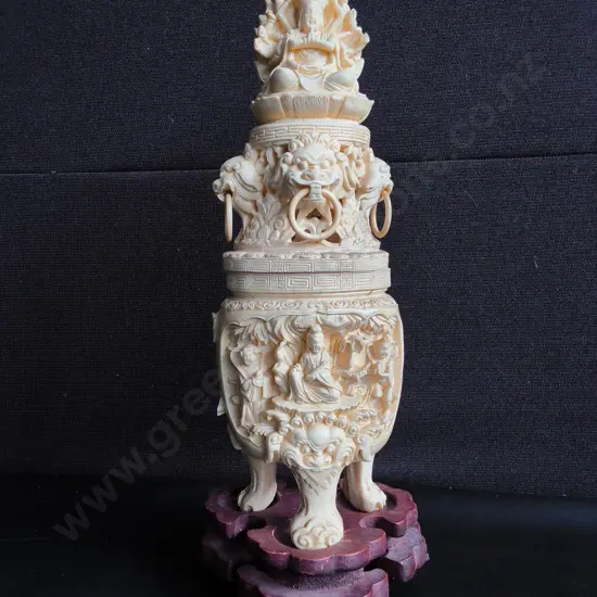 VINTAGE ORNATE CHINESE FAUX IVORY RESIN INCENSE BURNER ON WOODEN STAND, H 41 CM