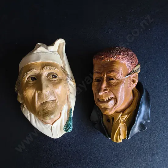 PAIR OF VINTAGE BOSSONS CHALKWARE CHARACTER HEADS, EBENEZER SCROOGE AND URIAH HEEP, CHARLES DICKENS COLLECTION